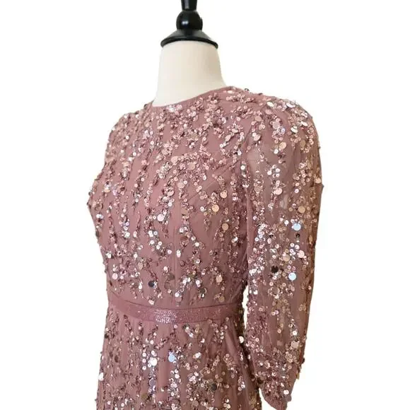 Mac Duggal 93790 Pink Rosewood Beaded Sequin Gown Puff Sleeve Formal Dress 16 - Picture 8 of 14